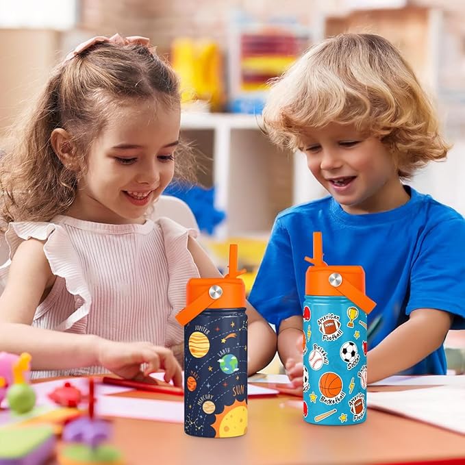 Solar System Kids Water Bottle With Straw Lid 12oz Insulated Stainless Steel, Travel Tumbler, Gifts For Boys, Birthday, Christmas, Back To School