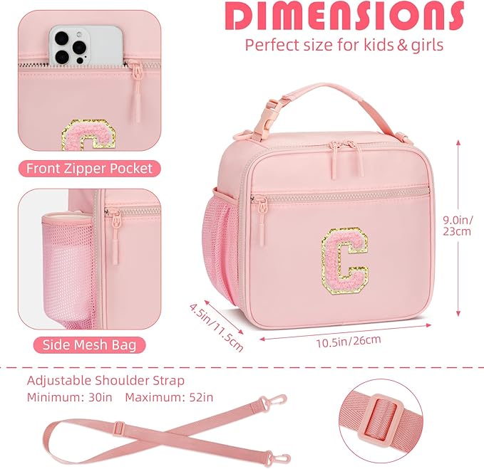 Kids Initial Lunch Bag, Reusable Insulated Lunch Box for Girls Toddlers, Back to School Gift, Leak-proof Cooler Bag for School Daycare Travel Picnic, Pink-C