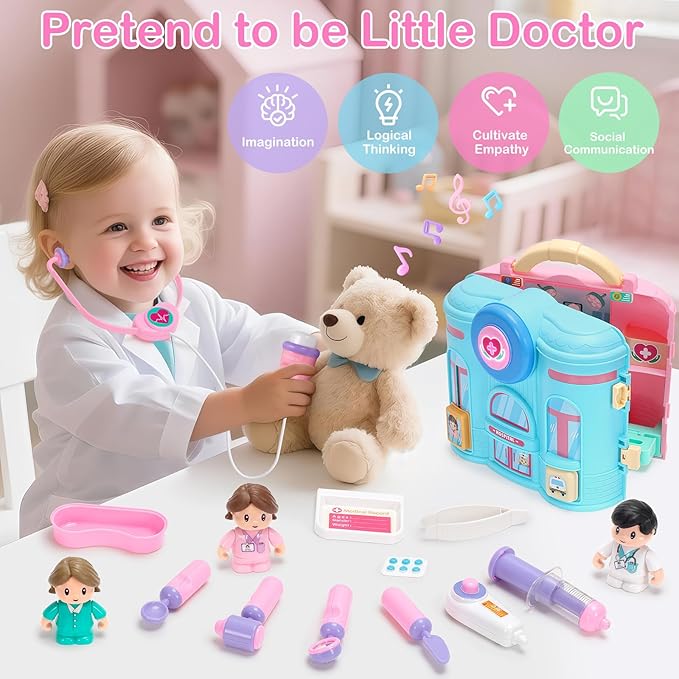 Doctor Kit for Toddlers 1-3, Doctor Pretend Playset with Carrying Case, Role Play Doctors Toys for Girls Ages 1 2 3 Years Old, Christmas Birthday Gift for Girl Kids, Girl Toys for Ages 1-2