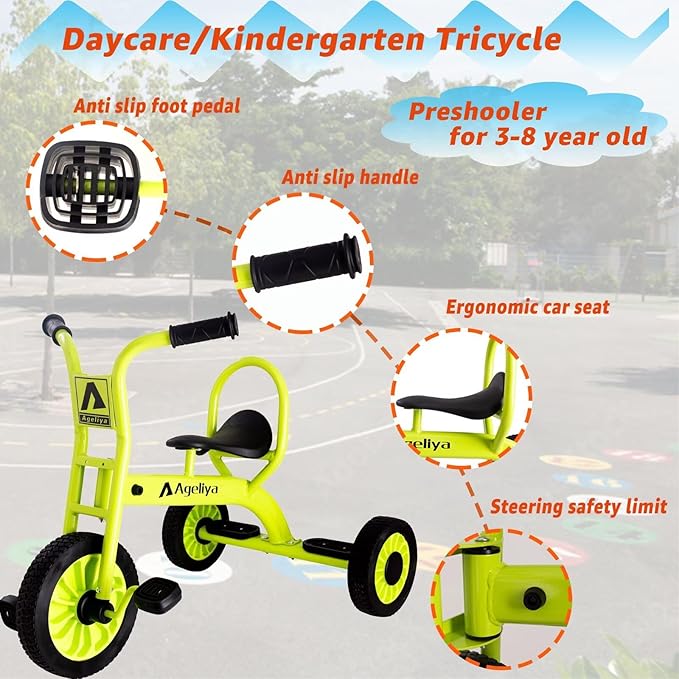 Kids Tricycle for Preschool Ages 3+, Ideal Outdoor Playground & Daycare Yard Trikes, Durable Metal Pedal Trike Gift for Boys and Girls, Sturdy Carbon Steel Frame, Inflation-Free Rubber Wheels