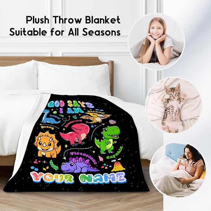 Personalized Dinosaur Blanket with Name, Dinosaur Gifts for Boys Toddler Child, God Says I Am Blanket for Kids, Inspirational Gifts for Son, Soft Kids Throw Blankets for Sofa Bed, 50"x60"