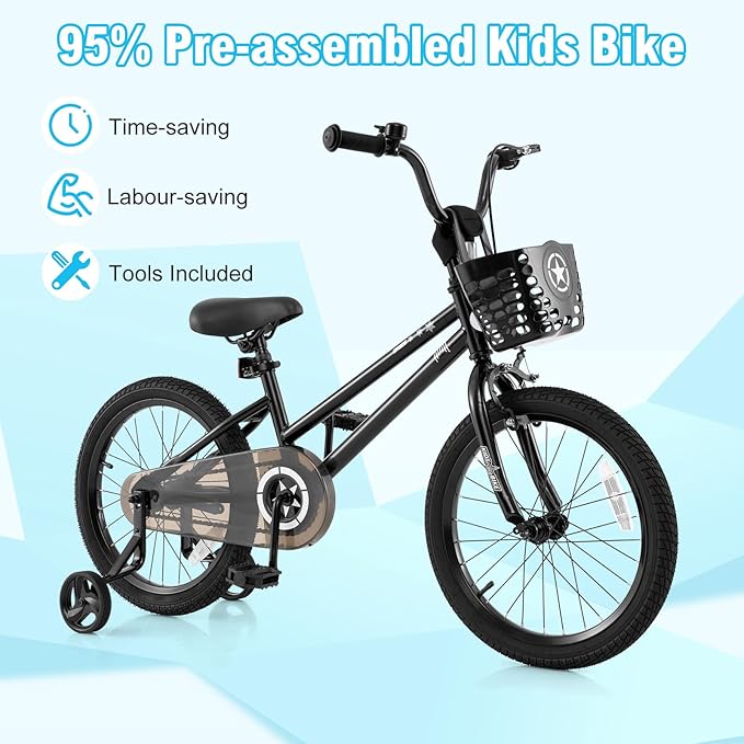 BABY JOY Starry Kids Bike, 12 14 16 18 Inch Bicycle with Training Wheels, Storage Basket, Adjustable Handlebar & Seat, Handbrake & Coaster Brake, Girls Boys Bike