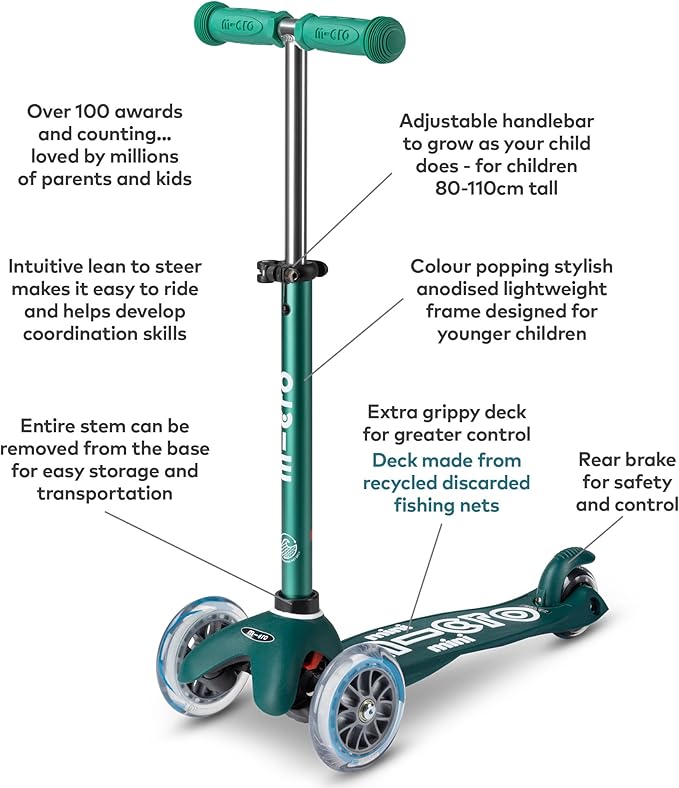 Micro Kickboard - Mini Deluxe Eco, 3-Wheeled, Lean-to-Steer, Swiss-Designed Micro Scooter Made with Recycled and Sustainable Materials, for Preschool Kids, Ages 2-5