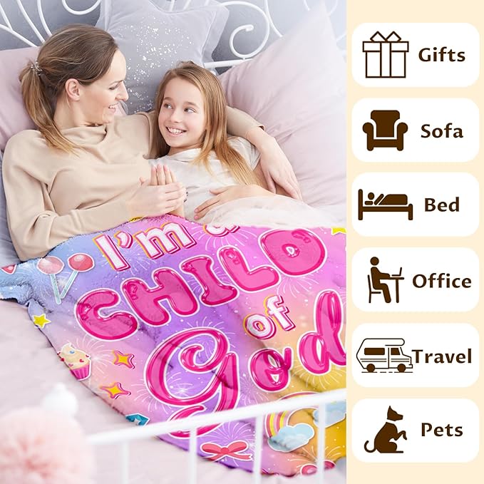 Christian Blanket for Girls, I am a Child of God Throw Blanket Gifts for Kids Girls Age 4-6, 40"x50" Cozy Fuzzy Pink Cute Flannel Inspirational Blankets Gift Throws for Couch Sofa Bed Decor