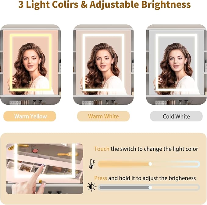 Makeup Vanity Desk with Mirror and Lights, White Vanity with Glass Top, Jewelry Storage, Power Outlets, 3 Drawers & 2 Cabinets, Adjustable LED Lighting, Dressing Table for Women & Girls Bedroom