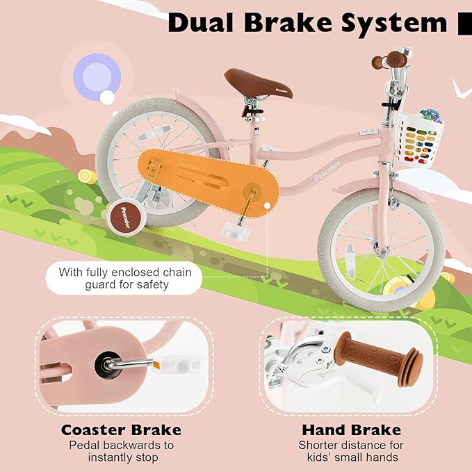 BABY JOY Kids Bike, 12 14 16 18 20 Inch Boys Girls Bike w/Adjustable Seat, Removable Basket, Handbrake & Coaster Brake, Training Wheels or Kickstand, Kids Bicycle with Multi-Color