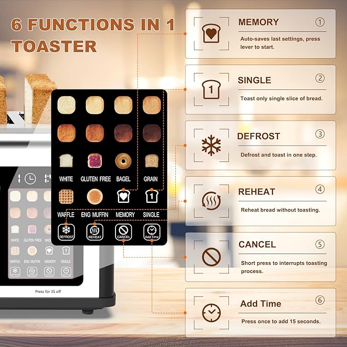 4 Slice Toaster Touch Screen, Stainless Steel Toasters Digital Timer, Dual Control Panel Toasters, 8 Shade Settings 6 Bread Types for Bagel, Cancel, Defrost 1650W Black