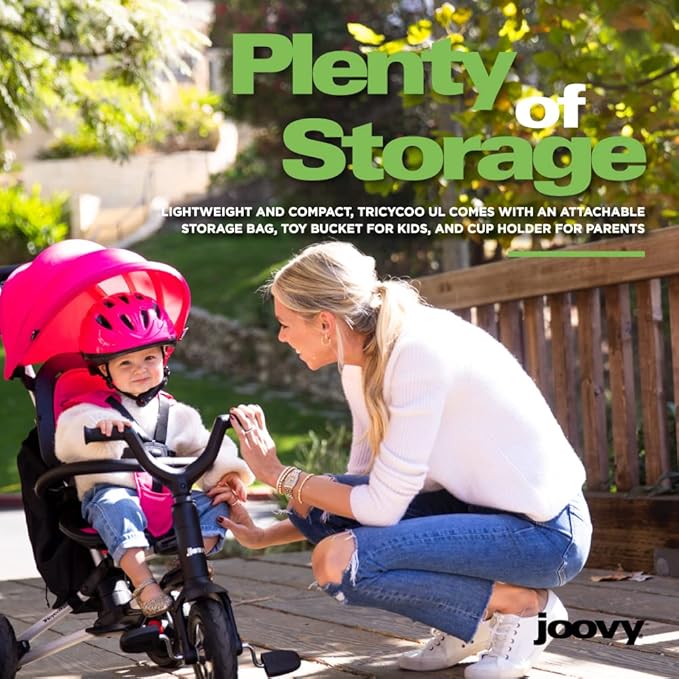 Joovy Tricycoo UL Kids Tricycle with 8 Stages Featuring 3 Rubber Tires, Removable and Adjustable Parent Handle, Safety Harness, 3-Position Recline Seat, and Retractable Canopy, Rorange