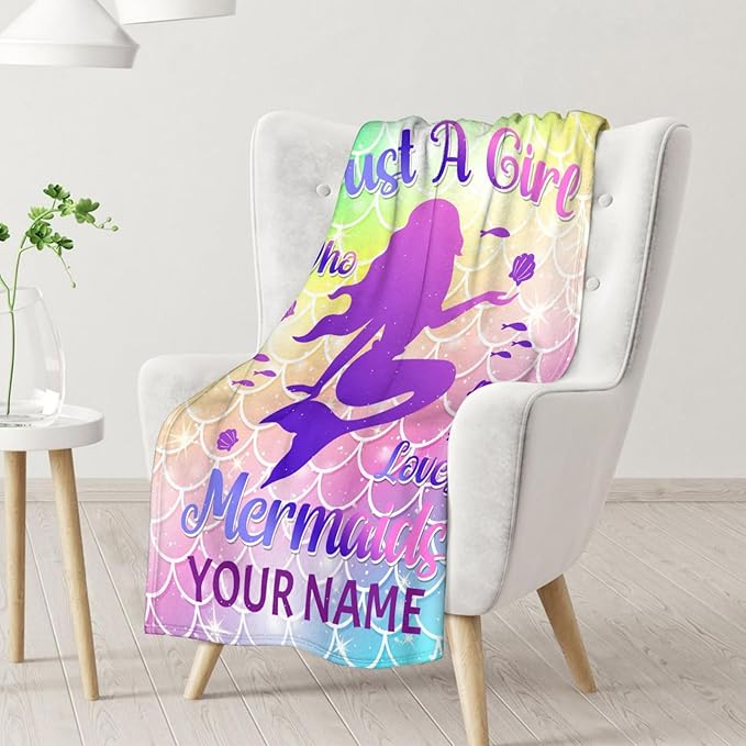 Personalized Mermaid Blanket with Name - Soft, Fuzzy & Warm - 30"x40" Small Blanket for Couch, Office - Colorful Cute Throw Gifts for Girls