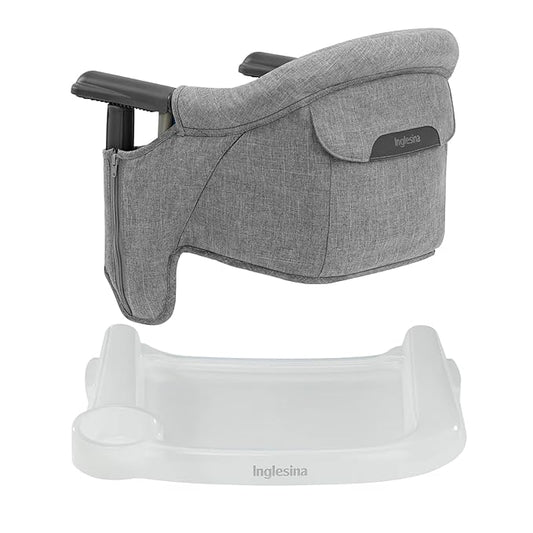 Inglesina Fast Table Chair - Stone Gray Melange + Fast Dining Tray - Portable Baby High Chair - for Babies & Toddlers up to 37 lbs - Fits Tables 0.8'' to 3.5'' Thick - Compact - Travel Bag Included