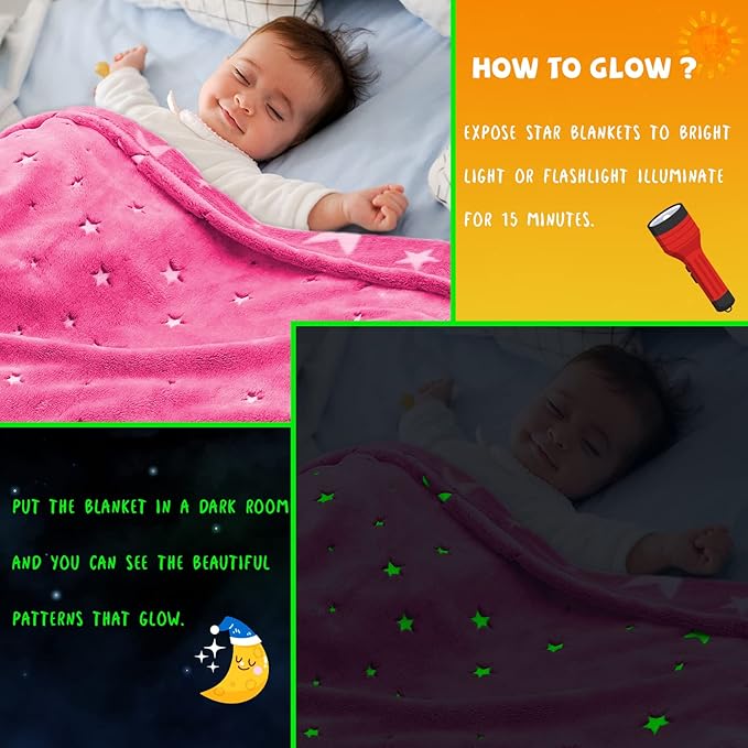 Glow in The Dark Blanket for Kids Unique Birthday Gifts for Girls Boys Teens Soft Cozy Warm Fuzzy Cute Throw Blanket All Seasons Pink Glowing Stars Blankets for Couch Sofa Bed 50"×60"