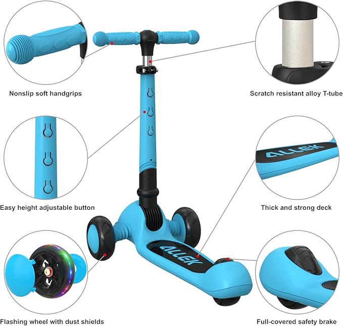 Allek Kick Scooter Foldable F02, 3-Wheel LED Flashing Glider and 4 Adjustable Height with Anti-Slip Thick Deck Push Scooter for Children 3-12yrs