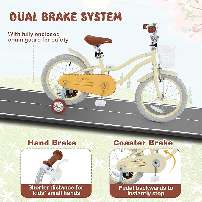 BABY JOY Kids Bike, 12 14 16 18 20 Inch Boys Girls Bike w/Adjustable Seat, Removable Basket, Handbrake & Coaster Brake, Training Wheels or Kickstand, Kids Bicycle with Multi-Color