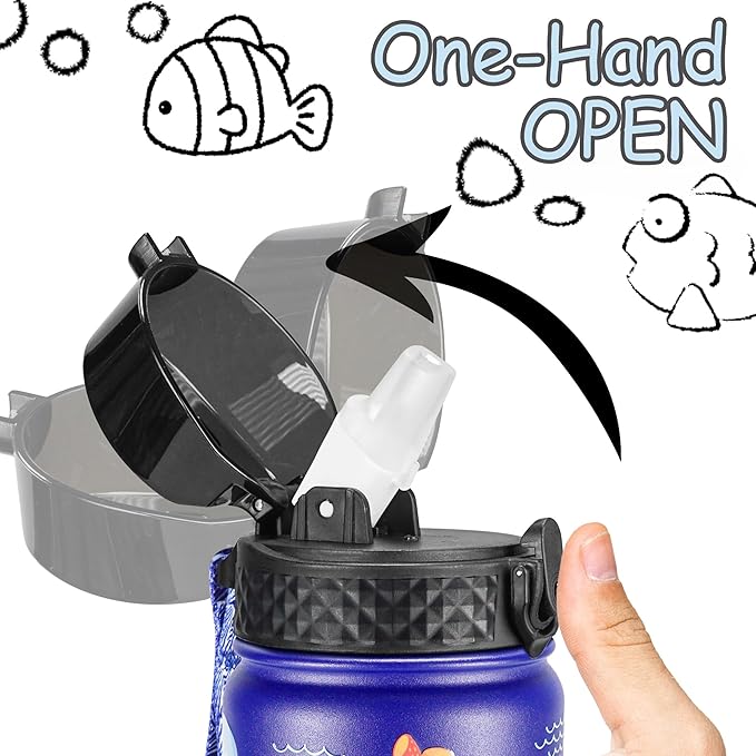 GOPPUS Kids Water Bottle (Straw Lid) - 18 Oz Stainless Steel Travel Bottle, Double Wall Vacuum Leak Proof Kids Cup for School Boys Girls,Under the Sea