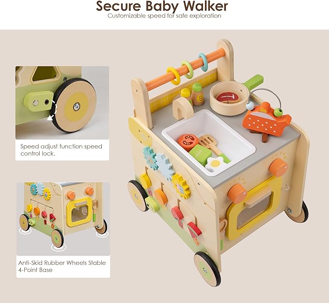 Wooden Baby Walker 3-in-1 Push Toy for Toddlers, Montessori Sensory Activity Center with Pretend Kitchen, Adjustable Speed Learning Walker, Safe Wooden Toy, Ideal Gift for Boys and Girls