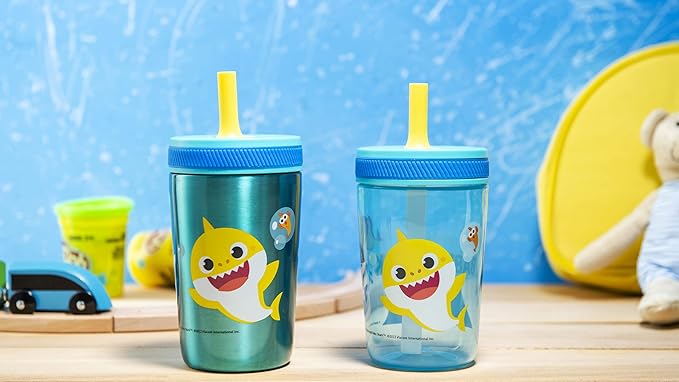 Zak Designs Baby Shark Kelso Tumbler Set, Leak-Proof Screw-On Lid with Straw, Bundle for Kids Includes Plastic and Stainless Steel Cups with Bonus Sipper (3pc Set, Non-BPA)