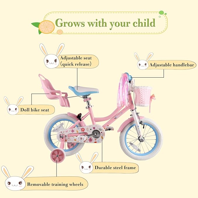 RULLY Daisy Kids Bike for Girls Ages 2-9 Years, 12 14 16 18 Inch Princess Girls Bicycle with Doll Bike Seat, Training Wheels, Basket and Streamers, Kids Cycle Bikes, Multiple Colors