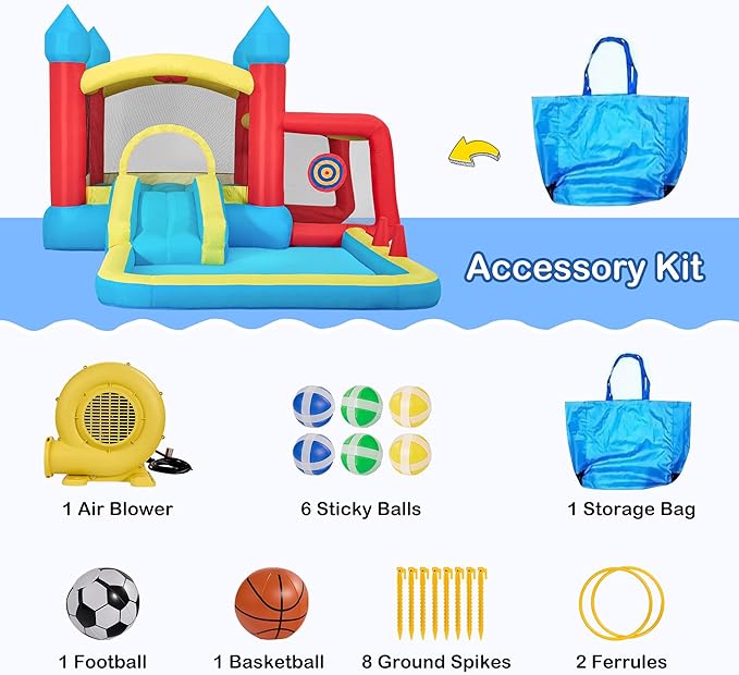 Inflatable Bounce House for Kids 3–6, 6-in-1 Bouncy House with Slide and Blower, Ball Pit, Climbing Wall, Basketball & Soccer Play, Inflatable Castle Gift for Kids Indoor Outdoor Backyard Party Fun