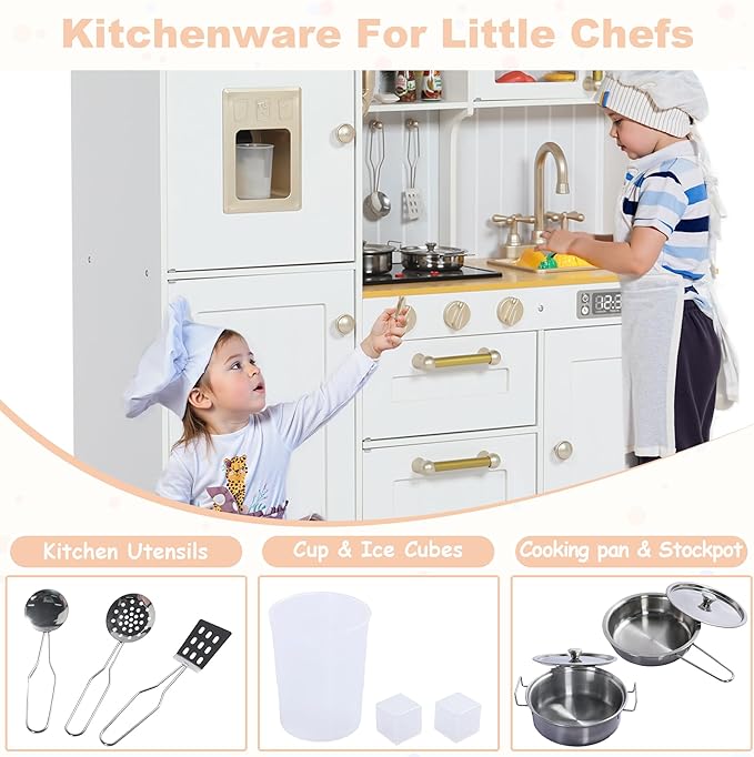 Play Kitchen for Kids, Wooden Kids Kitchen Playset with Realistic Sounds, Children Pretend Toy Kitchen Playset w/Stove, Oven & Ice Maker, Little Chef Play Kitchen for Girls and Boys, White