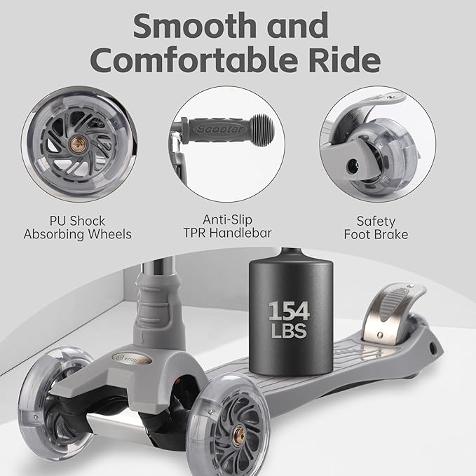 3 Wheel Scooter for Kids Ages 6-12,Kids Scooter with Light Up Wheels, Sturdy Deck Design, and 4 Height Adjustable Suitable for Kid Ages 3-12