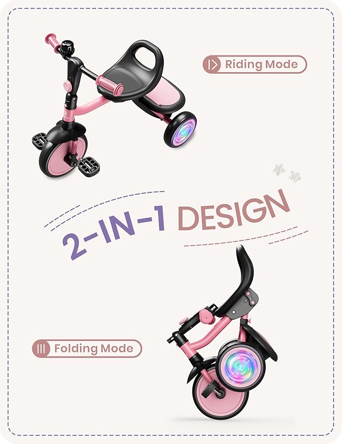 besrey Colorful Lighting Toddler Tricycle for Ages 18 Months to 5 Years, Toddler Bike with Bell, Kids Tricycle, Gift for 2-5 Year Olds, Toy for Boys and Girls, Tricycle for Toddlers, Pink