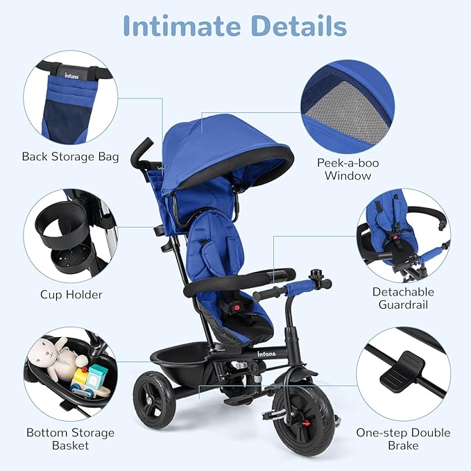 INFANS Kids Tricycle, 6 in 1 Baby Trike Toddler Bike with Reversible Seat, Adjustable Push Handle, Control Direction, Removable Canopy, Safety Harness, Belt, Storage, 9-60 Months (Blue)