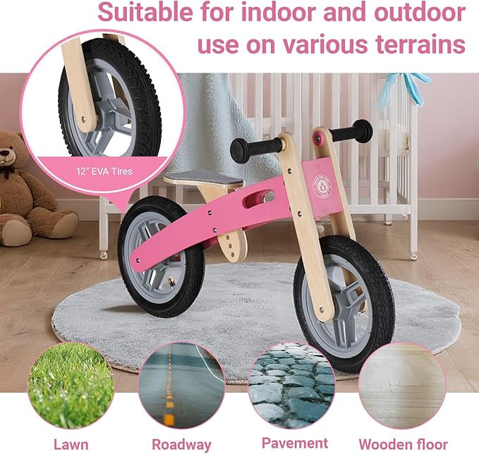Wooden Toddler Balance Bike, Kids Balance Bike for 3 Year Old with Adjustable Seat, No Pedal Toddler Bicycle for Kids 3-5 for Boys and Girls Birthday Gifts Toys