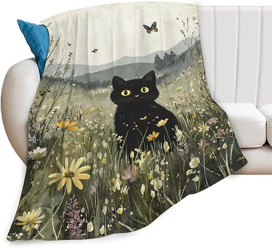 Black Cat Blanket Floral Wildflower Kitten Throw Blankets Gifts for Girls Boys Kids Cat Lover Soft Cozy Fleece Plush for Couch Sofa Bed 80"x60"