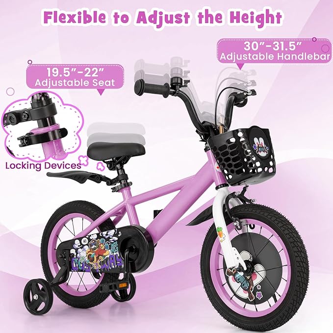 BABY JOY Rabbit Pilot Sporty Kids Bike, 12 14 16 18 Inch Child Bike for 3-8 Years Old with Adjustable Height, Training Wheels, Storage Basket, Handbrake & Coaster Brake, Kids Bicycle for Girls Boys