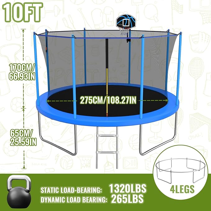 10FT/12FT/14FT Outdoor Trampoline for Kids and Adults - Trampoline with Basketball Hoop & Sprinkler - Anti Rust - ASTM Approved - Blue