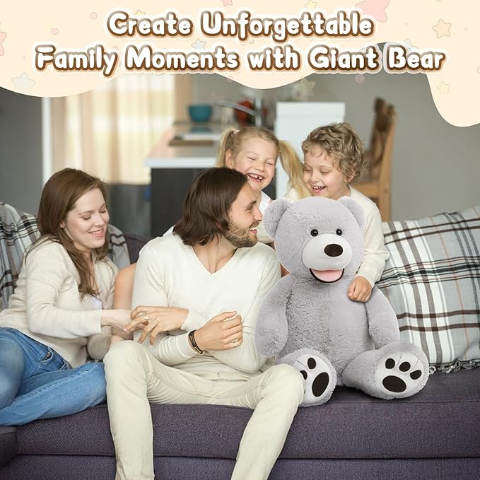 MorisMos Giant Teddy Bear, 39inch Large Stuffed Bears with Big Footprints Plush Stuffed Animals Gifts for Kids, Gray