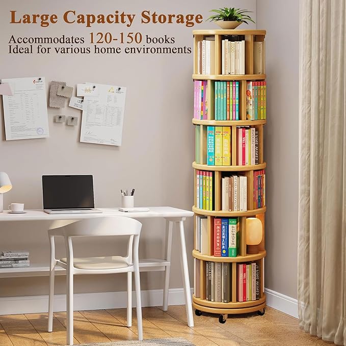 6 Tier Rotating Bookshelf 360° Solid Wood Spinning Book Shelf Tower on Wheels Rolling Revolving Bookcase for Small Spaces, Corner, Bedroom, Kids Room, Office