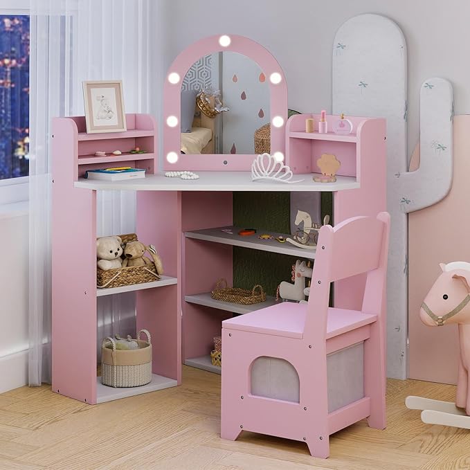 Costzon Kids Vanity with Lights, Corner Vanity Desk with Mirror, Storage Shelves, Wooden Princess Toddler Makeup Dressing Table, Kids Vanity Table and Chair Set for Little Girls (Pink)