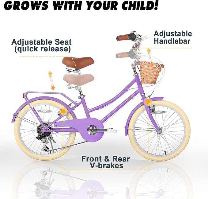 Glerc 20 24 26 Inch Beach Cruiser Bike, 6-Speed Hybrid City Bicycle for Girls Youth and Over 6 Years Old, Missy Bike with Wicker Basket & Lightweight, Multiple Colors