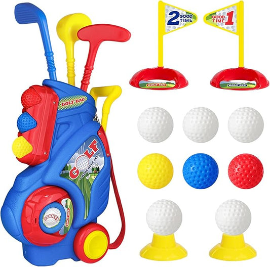 Toddler Golf Set for Boys Girls 2 3 4 5 Years Old, Upgraded Kids Golf Cart with 3 Clubs & 8 Balls, Outdoor Indoor Sports Christmas Toys Birthday Gift, Blue