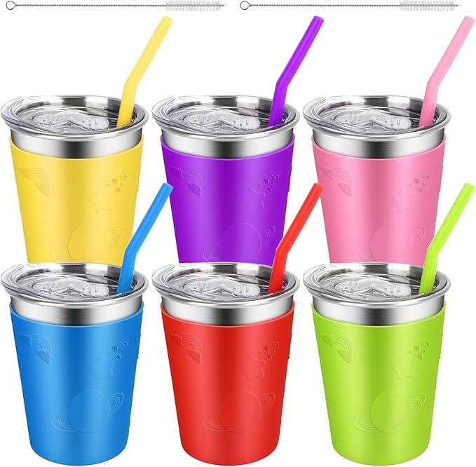 ShineMe Toddler Cups 6 pack, 12oz Stainless Steel Kids Cups Spill Proof, Unbreakable Toddler Sippy Cup With Soft Straws/Airtight Sliding Lids/Colorful Cute Silicone Sleeves, Indoor and Outdoot Use