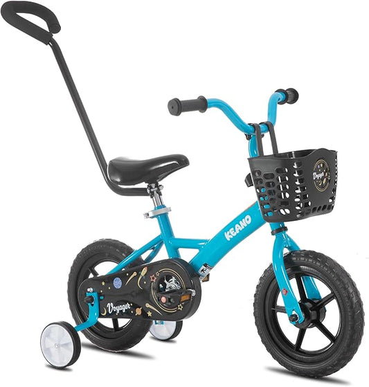 KEANO Voyager 10 12 Inch Kids Bike for Boys and Girls Ages 1-4 Years, Toddler Bike with Training Wheels & Basket, Detachable Parent Push Handle, Children Bicycle