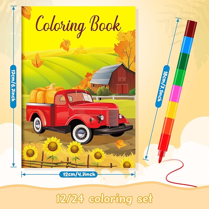 BenLouis 12 Fall Mini Coloring Books Kids with 12 Stacking Crayons Thanksgiving Theme Party Favors Small Activity Books Bulk for Kids Autumn Pumpkin Harvest Party Gift Goodie Bag Stuffers