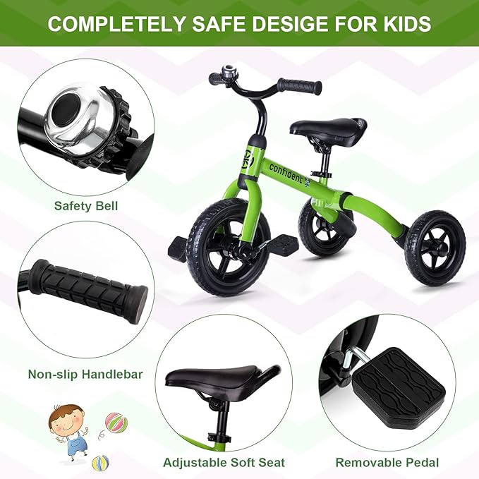 XPIY Tricycle for Toddlers Age 2-5 Years Old, 3 in 1 Folding Toddler Bike for Boys and Girls, Kids' Bike Trike with Detachable Pedal and Adjustable Seat (Green)