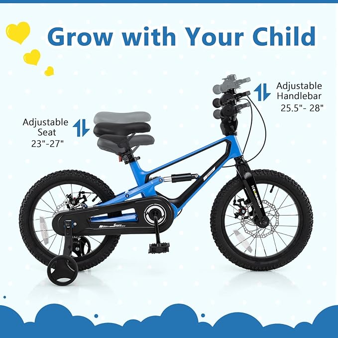 BABY JOY Kids Bike, 16" Magnesium Sporty Bicycle with Dual Disc Brakes, Removable Training Wheels, Body Suspension, Adjustable Handlebar & Saddle, Girls Boys Bike