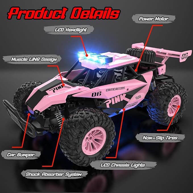 BLUEJAY Remote Control Car, 2.4GHz High Speed 33KM/H RC Cars Toys, 1:12 Monster RC Truck Off Road with LED Headlight and Rechargeable Battery Gifts for Adults Boys 8-12