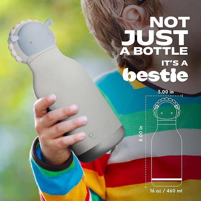 asobu Bestie Bottle Insulated Stainless Steel Water Bottle with Detachable Soft Animal Head Fun Drinking For Kids and Teens with Flexible Reusable Straw 16 Ounce (Sheep)