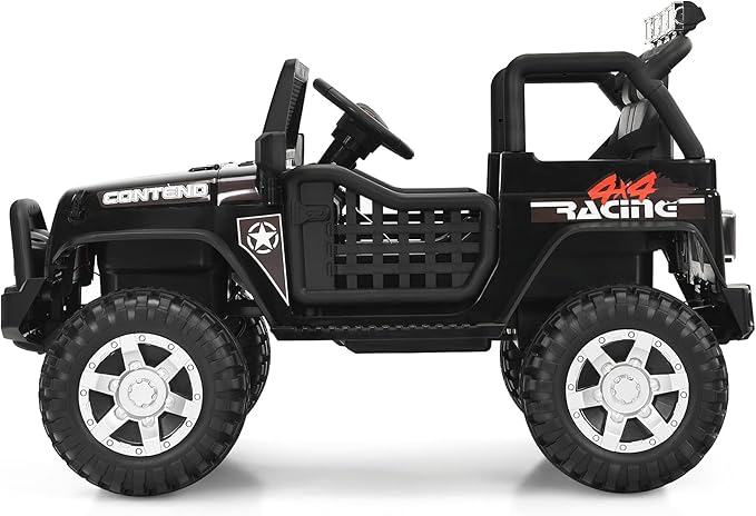 Costzon 2-Seater Ride on Truck, 12V Battery Powered Electric Vehicle w/Remote Control, 2 Speeds, Spring Suspension, LED Light, Horn, Music/ MP3, 2 Doors Open, Ride on Car for Kids (Black)