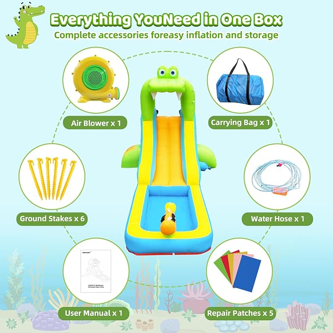 Inflatable Water Slide - Crocodile Theme Bounce House Water Park with Blower, Climbing Wall, Splash Pool, Water Cannon, Blow up Toddler Waterslide for Kids and Adults Backyard, Green