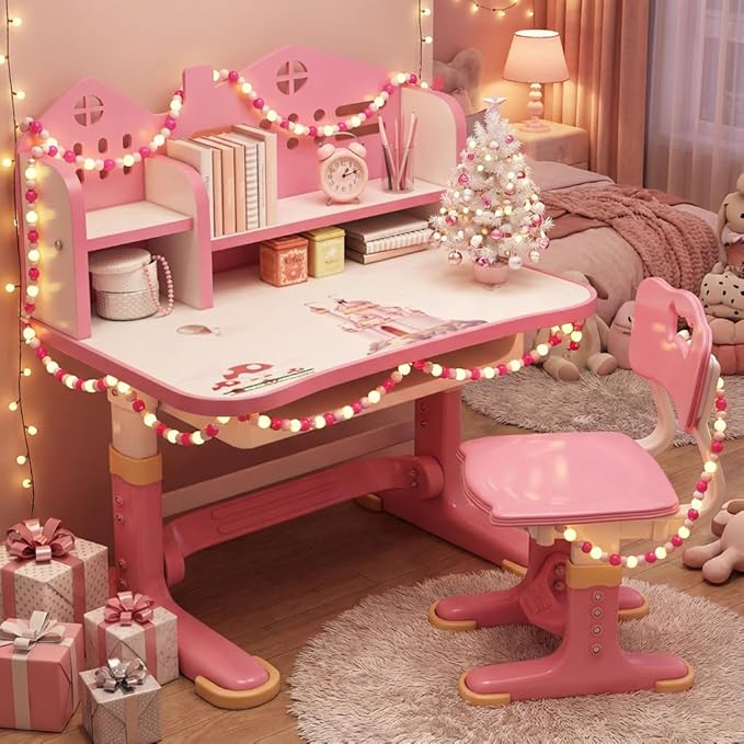 Kids Ergonomic Desk and Chair Set, Height Adjustable School Study Table with Bookshelf, Drawer and Spine Support Backrest, Kids Desk and Chair for Bedroom&Study Room (Pink C)