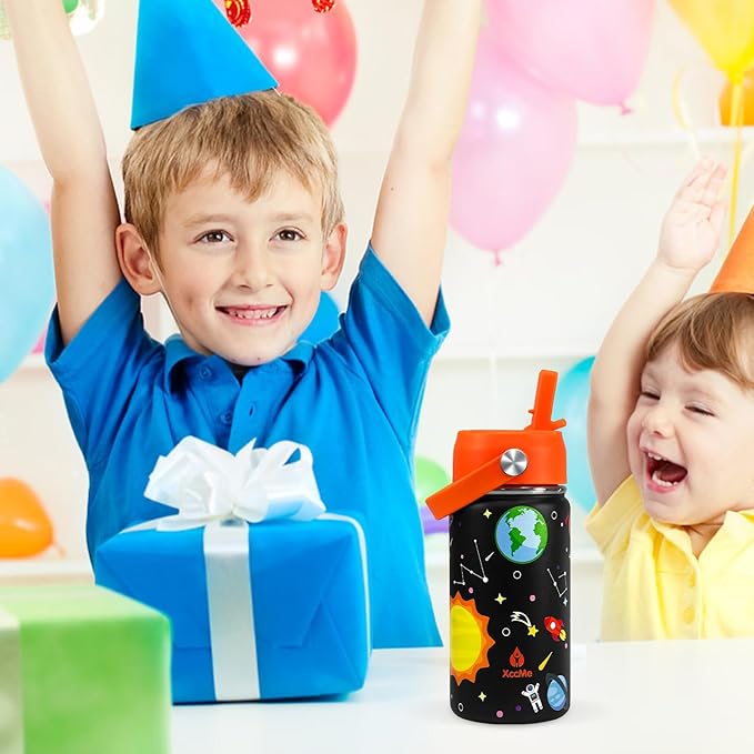 Kids Water Bottle With Straw Lid,14 oz Stainless Steel Travel Bottle,Double Wall Leak Proof Kids Cup,Insulated Tumbler for Toddlers,Metal Bottle for School Boys Girls (Space)