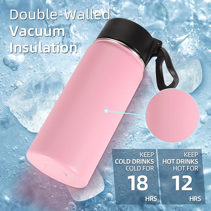 Volhoply 16 OZ Kids Water Bottle Bulk 2 Pack,Insulated Sports Bottles with Straw Lid,Stainless Steel Bottle with Handle Keep Cold & Hot,Double Wall Vacuum Tumbler Cups for School,Girls(Pink, 2)