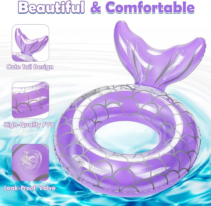 HeySplash Pool Floats Kids, Inflatable Swimming Ring Mermaid Tail Shaped Swim Tube Floaties, Summer Water Fun Beach Party Swimming Pool Toys for Kids Children Water Activities, Pink + Purple