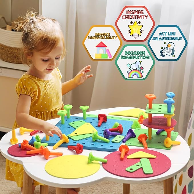 Peg Board Toy set 73Pcs DIY Building Stacking Toys for Kids 3-6 Years Old,STEM Educational Kids Toy for Brain Development,Montessori Sensory Toys,Upgrade Various Foam Board Plastic Lacing String Game