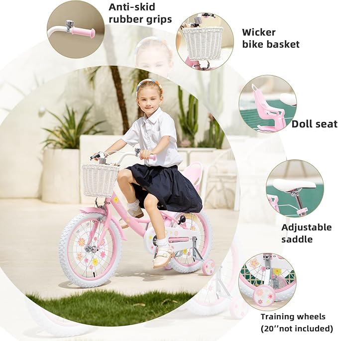 Girls Bike with Basket for Toddlers and Kids Aged 3-14 Years Old, 12 14 16 18 Inch with Training Wheels & Doll Seat, 20 Inch with Kickstand & Rear Rack, Princess Style Bicycle for Gift.